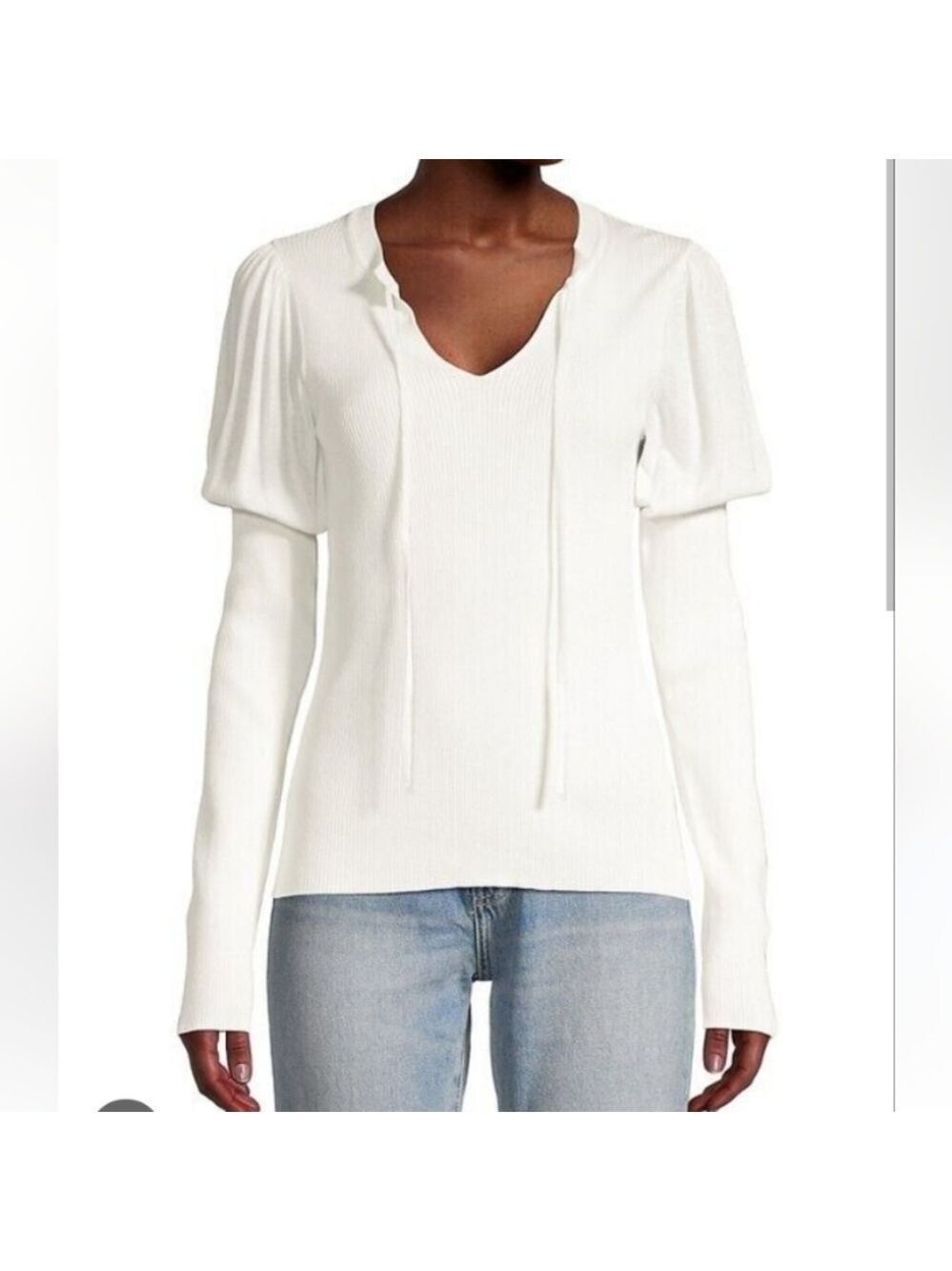 Rebecca Taylor White Split Neck Ribbed Pullover with Tie